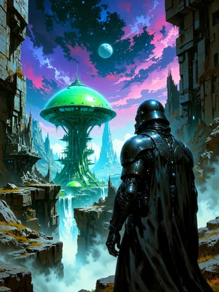 A lone bounty hunter clad in sleek black armor and a cape stands silhouetted on rocky terrain overlooking a sprawling futuristic cityscape with large mushroom-shaped green domes under a vibrant galactic sky with planets and stars.