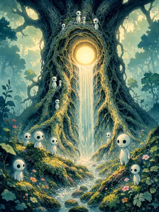 A colossal ancient tree in a primordial forest with sprawling roots, a glowing magical portal within its trunk emitting aquamarine light, and numerous small white kodama creatures scattered around mossy rocks and colorful wildflowers under soft ethereal light.