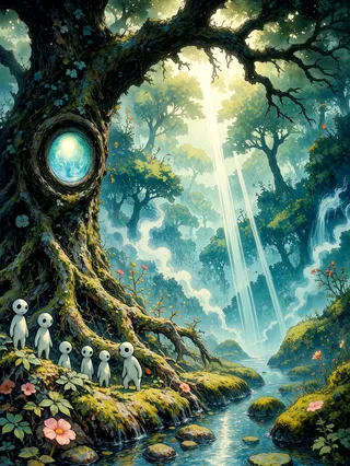 A majestic ancient tree with sprawling mossy roots in a primordial forest, surrounded by tiny kodama spirits near a glowing aquamarine magical portal in the trunk, with misty atmosphere and delicate wildflowers along a calm stream.