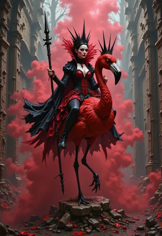 The Red Queen wearing a red and black gothic outfit sits poised on a giant red flamingo with a black crown, holding a spear, surrounded by crimson fog and ruins.