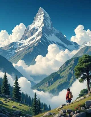 A vibrant anime artwork of a mountain scene with towering snowy peaks, misty valleys, lush pine trees, and a lone hiker wearing a red jacket and yellow backpack, styled in Studio Ghibli fashion.