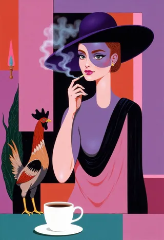 A modernist abstract digital drawing of a woman in a wide purple hat smoking a cigarette, with a rooster standing near a white coffee cup, set against geometric shapes in pinks and purples.