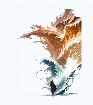 A dramatic scene shows a lone figure standing facing huge, powerful ocean waves during a hurricane storm, with a capsized ship and distant cliffs.