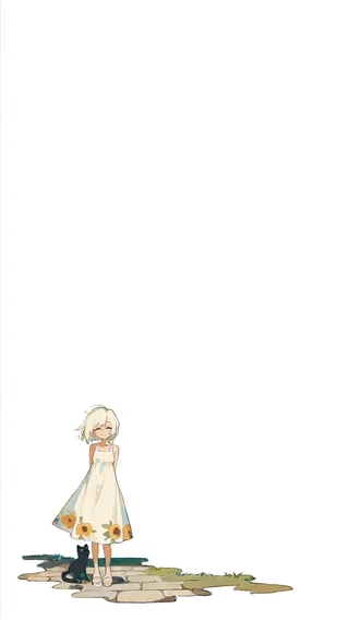 Happy girl standing on cobblestone with sunflower print sundress and black cat beside her against a simple white background.