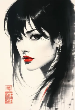 Closeup photorealistic inksketch portrait of a Japanese femme fatale with long dark hair, red lips, and a seductive gaze set against a dark abstract background.