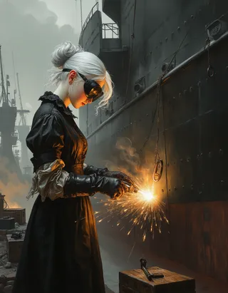 A white-haired teen elf girl welding on a massive World War II battleship at a foggy 1943 dockyard, wearing welding goggles and gloves, sparks flying.