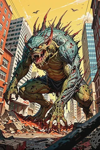 A huge spiky monster with green and blue skin crushing a city street with tall buildings under a yellow sky, drawn in high quality anime style.