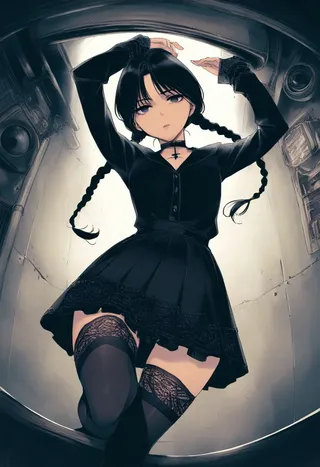 Woman resembling Wednesday Addams in a fisheye perspective wearing a black dress, braided hair, and classic French lace thighhighs with embroidered roses, posing against a wall.