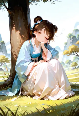 A cute girl with brown eyes and double bun hairstyle wearing blue and white hanfu, sitting sleepily leaning against a tree in a detailed grassy landscape with mountains and trees in the background.
