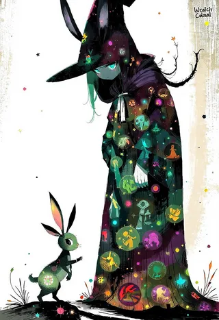 A mirror witch with a cloak reflecting magical micro-worlds bends down to help a baby jackalope with its glitched shadow in vaporwave and glitchcore style.