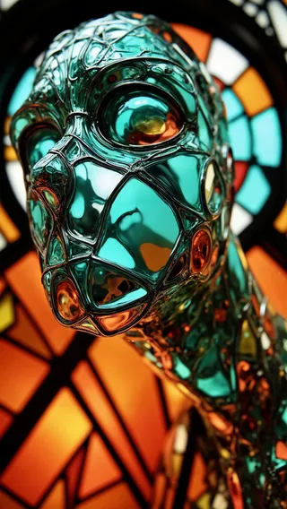 Close-up view of a figure sculpted from molten stained glass in vibrant teal, illuminated by dramatic chiaroscuro lighting with red-orange and yellow-orange light accents and sharp shadows.