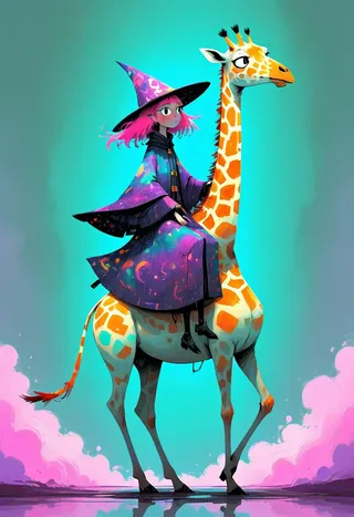 A colorful illustration of a mirror witch with a vibrant purple cloak covered in magical micro-world reflections, riding a tall giraffe against a teal and pink vaporwave-inspired background.