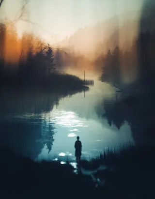 A dreamlike landscape featuring a solitary figure standing near calm water with luminous reflections, framed by soft shadows and blurred trees.