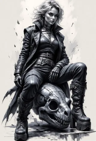 Highly detailed black and white pencil drawing of a confident woman with sharp features sitting on a Triceratops skull, wearing a leather outfit and platform boots.