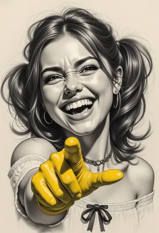Pencil drawing portrait of a smiling young woman with twintails, pointing forward with a bright yellow glove, laughing with tears and exaggerated expression.