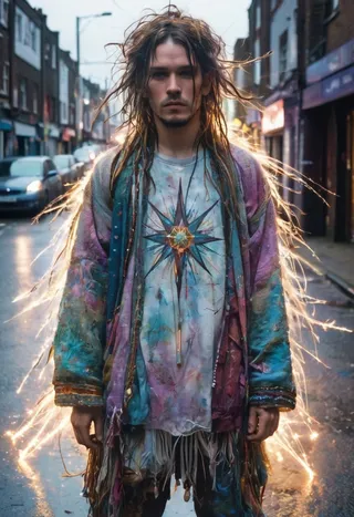 Young shaman with long dreadlocks wearing a colorful, artistic coat and shirt with star design, standing on an urban street with light leaks and shiny star fibers around.