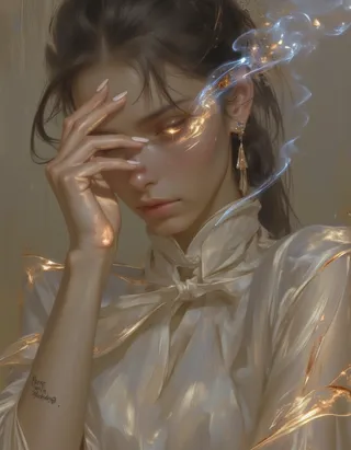 A woman wiping sweat from her brow, wearing an elegant shimmering blouse, with glowing skin and smoke swirling around her, a burn scar visible on her forearm.