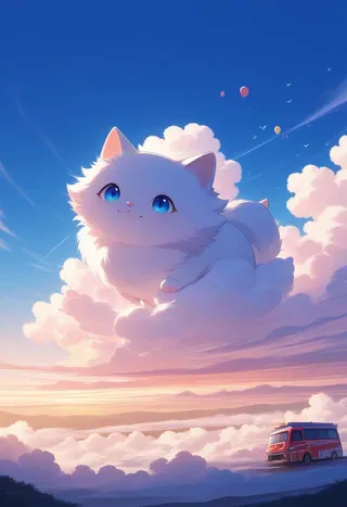 A large fluffy white cat with bright blue eyes resting on soft clouds under a vibrant blue sky with balloons floating and a red van parked below during sunset.