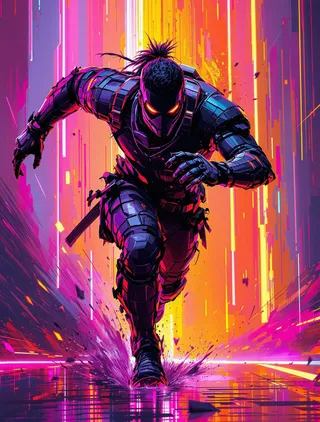 A dynamic portrait of a futuristic warrior sprinting forward, glowing red eyes, clad in segmented armor with neon lighting and glitch pixel overlays surrounding the figure.