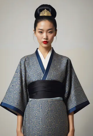 Photorealistic portrait of a woman wearing a kimono with intricate geometric patterns inspired by traditional Chinese art, styled with a tiara-like hairpiece and minimalist design.