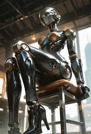 Photorealistic android woman with black metal limbs and high heels sitting on a metal chair under dramatic lighting in a cyberpunk environment.