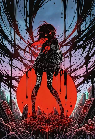 A stylized ink art anime girl standing on a glowing red platform with a large red sun behind her, surrounded by abstract black ink patterns and urban ruins under a blue sky.