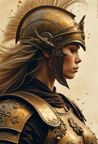 Closeup side profile of a woman with blonde hair wearing detailed bronze age Greek armour and a full face helmet