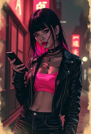Portrait of a goth girl with dark hair and pink highlights wearing a short leather jacket and neon pink crop top, holding a smartphone in a neon-lit dim back alley.