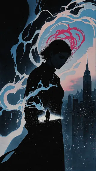Silhouette of a pensive figure enveloped in swirling spectral glow with a distant cityscape in the background under dark, abstract atmosphere.