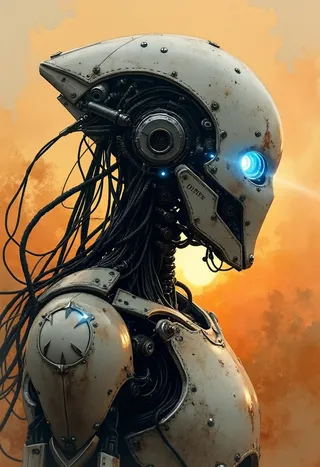 Side profile of a high-end battle android with a white faceplate and glowing blue optical sensors, featuring chrome wires and robot joints against a warm sunset background.