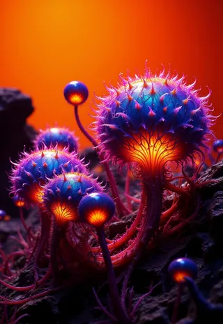 High-resolution macro photo of bioluminescent glowing alien plants with vivid purple and orange hues set against a smooth orange background