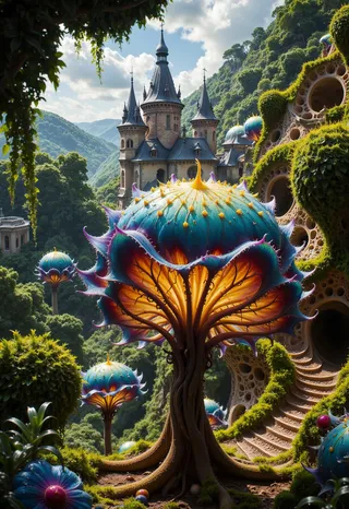 A high-resolution realistic photograph showing a botanical garden filled with large alien plants that glow warmly, with a French Renaissance castle perched in the background among lush green hills and scattered clouds.