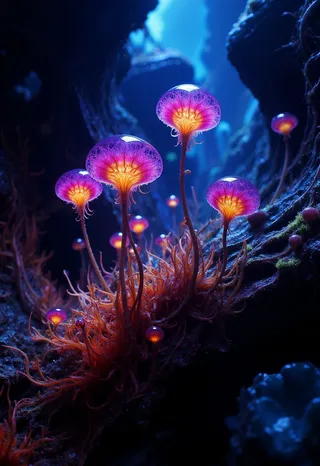 Glowing purple and orange mushrooms growing underwater on ocean floor, resembling alien plants in deep sea environment with vibrant bioluminescence.