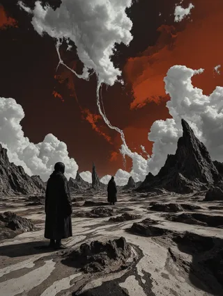 A retro-futuristic wasteland with cracked rocky terrain and dark cloaked figures, under a vivid crimson sky with large swirling white clouds.