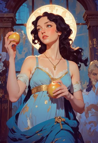 Anime-style depiction of Greek goddess Aphrodite in light blue attire holding two golden apples with a glowing halo behind her head, soft lighting and vibrant colors.