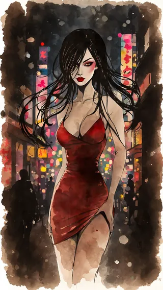 A powerful Japanese femme fatale with long flowing black hair, wearing a tight red cocktail dress, standing in a colorful, abstract, neon-lit Tokyo backstreet at night with dramatic chiaroscuro lighting.