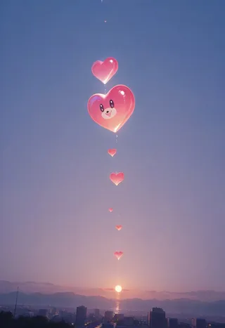 A series of glowing pink heart-shaped balloons float skyward at sunset, the largest featuring a cute animal face, above a city skyline under a dusky purple sky.