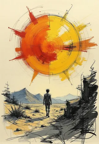 Colored sketch of a large abstract burning sun in yellow and orange hues over a desert landscape with a solitary figure walking towards distant mountains, drawn in the style of ck-ccd.