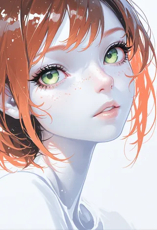 Close-up realistic portrait of a girl with green eyes, red hair, freckles, and soft shading on a white background.