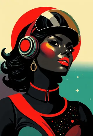 Art deco style portrait of a black spacewoman wearing a retro helmet and earrings with vibrant colors and bold graphic elements.