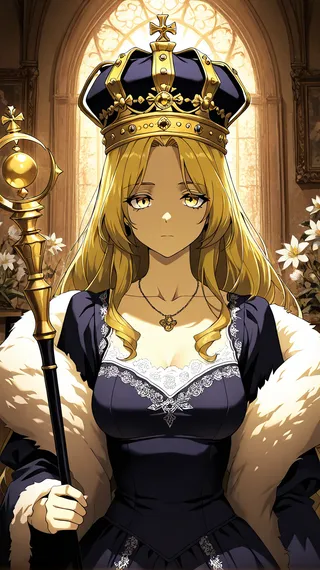 Anime-style queen with blonde hair, golden eyes, wearing a large crown and holding a golden scepter, dressed in a dark elegant gown with white lace and fur trim, seated in a grand room with stained glass window and flowers.