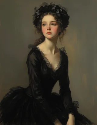 Hyper-realistic oil painting of a serene pale tween ballet dancer wearing a black long sleeve leotard and tutu, styled in Rembrandt lighting with intricate brush strokes.