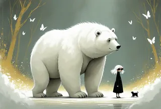Stylized digital illustration of a large white bear standing beside a stylish lady in black dress and sunglasses with butterflies flying around in a mystical forest setting.
