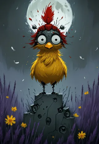 A cyber warrior chicken with a yellow bill and red comb wearing a robotic samurai helmet, standing on a mechanical stone amidst purple lavender and yellow daisies with a full moon in the background.