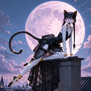 Anthro white cat female with black lace gown and long black braids poses on a rooftop with a giant glowing moon in the detailed night sky.