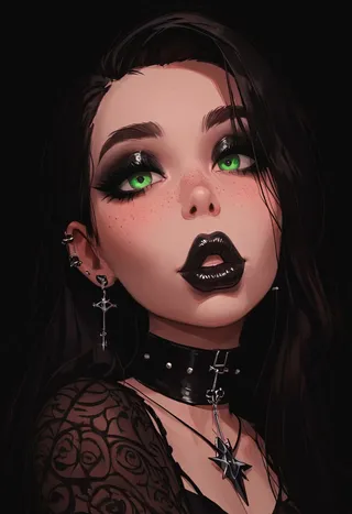 Portrait of a goth girl with green eyes, heavy black makeup, black lipstick, freckles, black choker, dark hair, and tattooed shoulder.