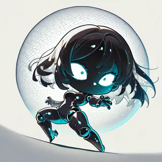 A chibi-style woman with glowing eyes and mechanical ball joints in an action pose, set against a surreal liminal space featuring a textured circular backdrop and dynamic lighting.