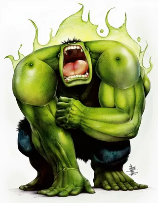 Cartoon-style muscular green hulk character in a dynamic crouching pose with a fierce open-mouthed expression and paint splashes
