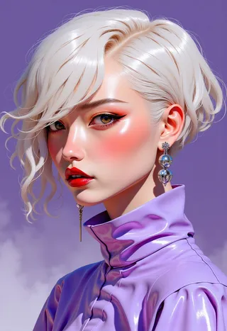 Hyper-realistic digital painting of a young woman with platinum blonde hair, glossy skin, wearing a shiny purple blouse and silver earrings against a gradient purple background.