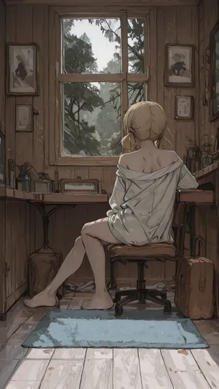 Illustration of a woman with blonde french braided twintails sitting on a wooden chair in a wooden room, looking out a large window showing lush trees, wearing an off-shoulder oversized white shirt, with a blue rug on the wooden floor.